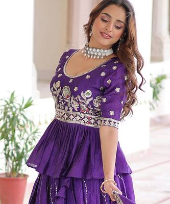 purple sequins organza festive lehenga with peplum top 5