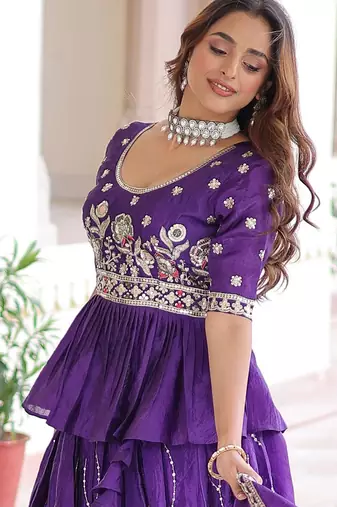 purple sequins organza festive lehenga with peplum top