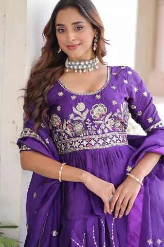 purple sequins organza festive lehenga with peplum top