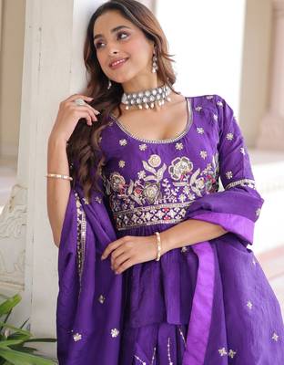 purple sequins organza festive lehenga with peplum top 7