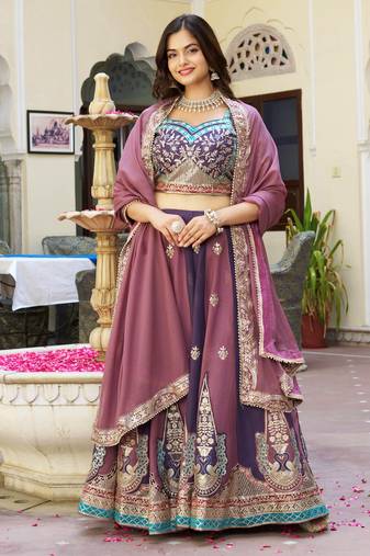  multi colour embroidered georgette festive lehenga set choli with dupatta