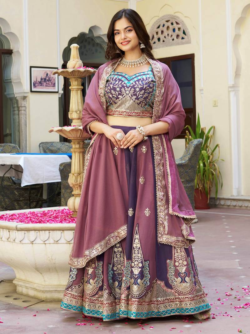  multi colour embroidered georgette festive lehenga set choli with dupatta