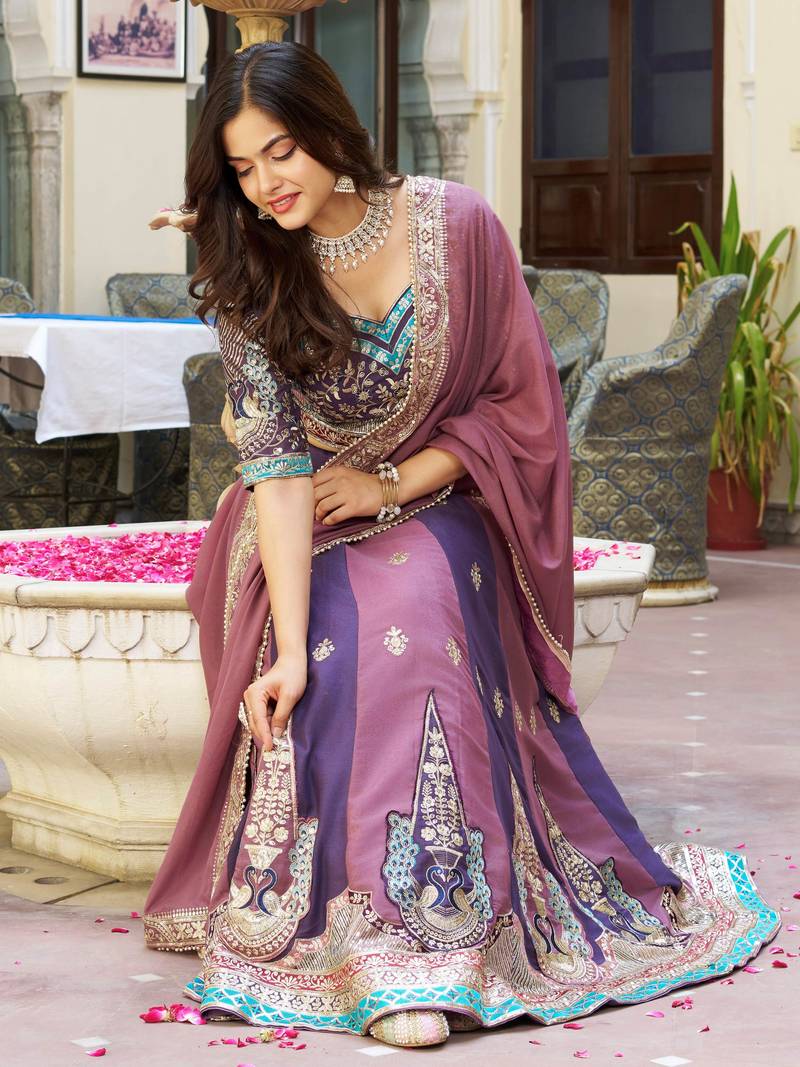  multi colour embroidered georgette festive lehenga set choli with dupatta