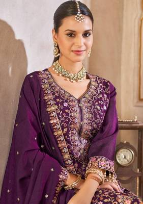 Purple vichitra silk readymade suit with embroidered lace  3