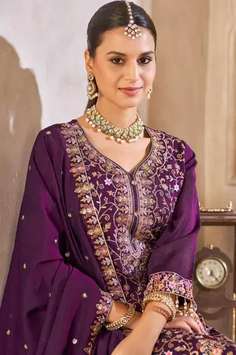 Purple vichitra silk readymade suit with embroidered lace 