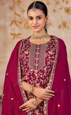 Maroon vichitra silk readymade plazzo suit with embroidered lace  3