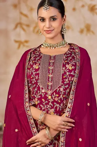 Maroon vichitra silk readymade plazzo suit with embroidered lace 