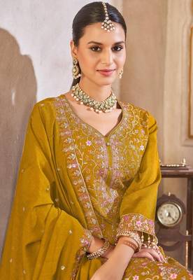 Mustard vichitra silk readymade suit with embroidered lace  3