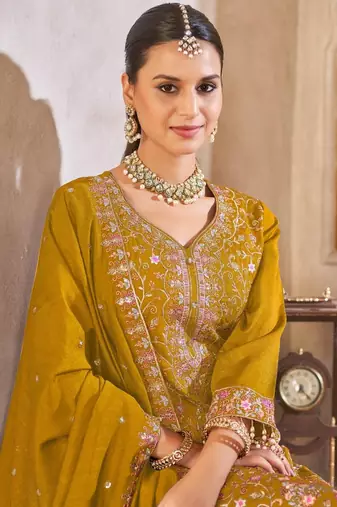 Mustard vichitra silk readymade suit with embroidered lace 