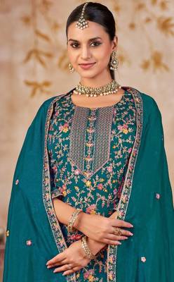 Blue vichitra silk readymade plazzo suit with embroidered lace  3