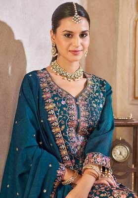 Blue vichitra silk readymade suit with embroidered lace  3