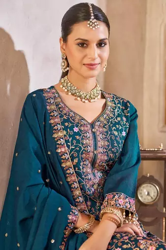 Blue vichitra silk readymade suit with embroidered lace 
