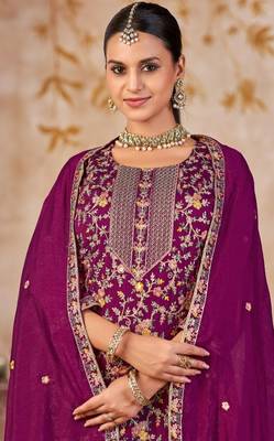 Purple vichitra silk readymade plazzo suit with embroidered lace  3