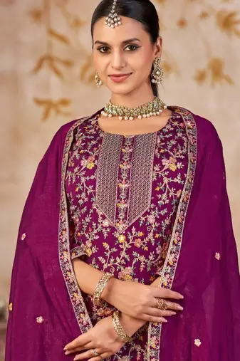 Purple vichitra silk readymade plazzo suit with embroidered lace 