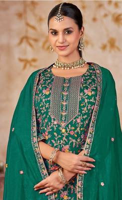 Emerald vichitra silk readymade plazzo suit with embroidered lace  3