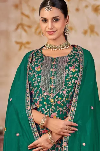Emerald vichitra silk readymade plazzo suit with embroidered lace 