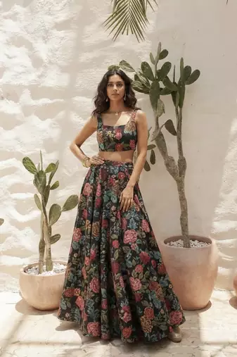 Printed Bhagalpuri Silk Readymade Lehenga with Handwork Blouse & Net Dupatta 