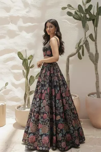Printed Bhagalpuri Silk Readymade Lehenga with Handwork Blouse & Net Dupatta 