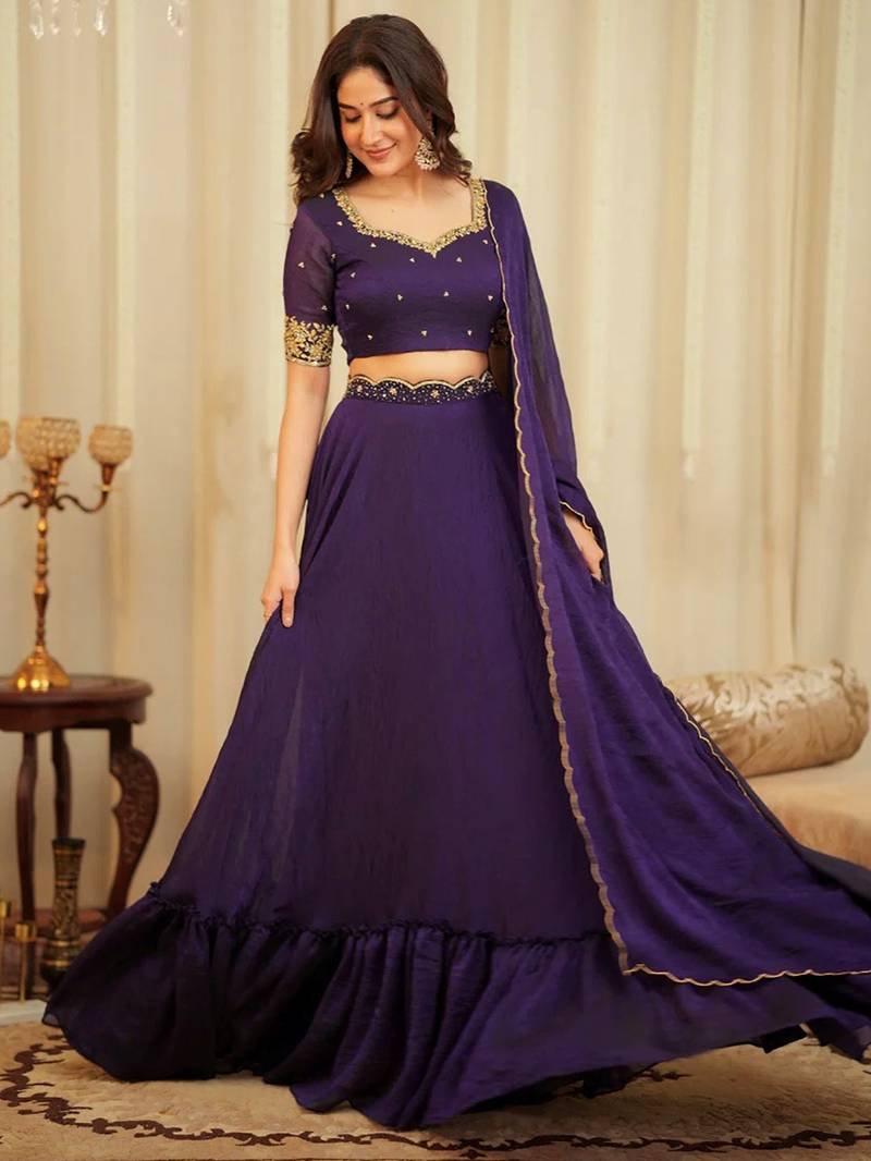  purple sequins silk lehenga set choli with dupatta