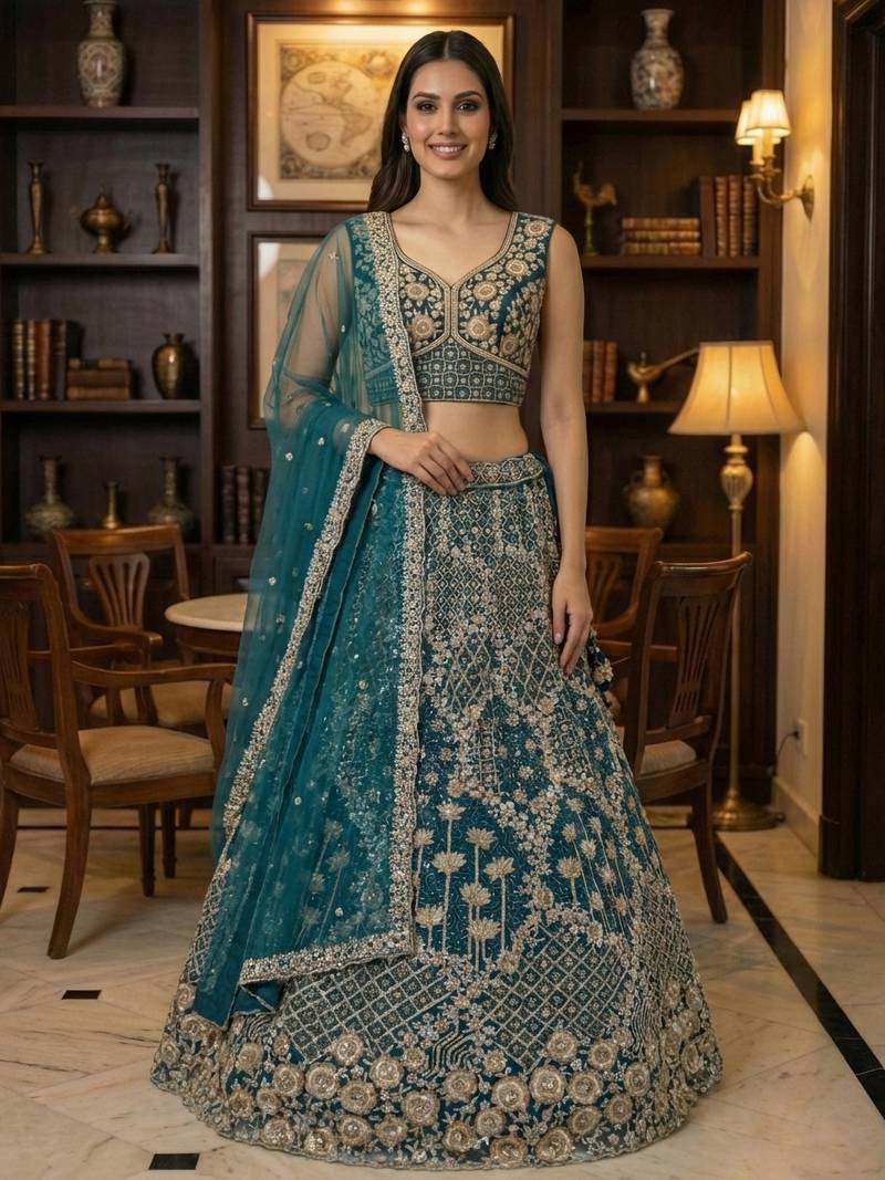 blue thread embroidered silk party lehenga set choli with dupatta