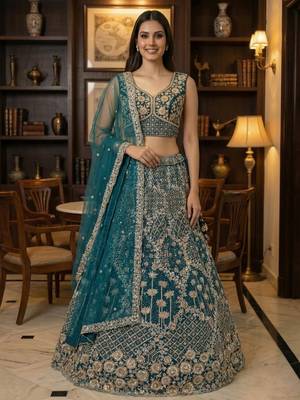 blue thread embroidered silk party lehenga set choli with dupatta 1