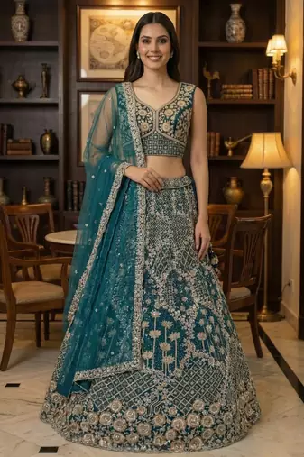 blue thread embroidered silk party lehenga set choli with dupatta
