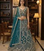 blue thread embroidered silk party lehenga set choli with dupatta