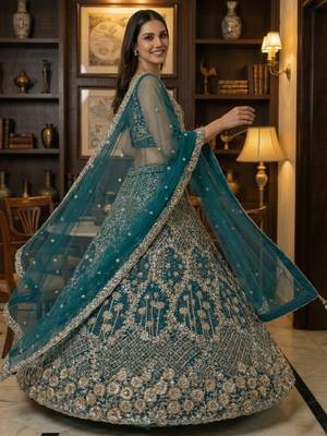 blue thread embroidered silk party lehenga set choli with dupatta 2