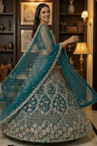 blue thread embroidered silk party lehenga set choli with dupatta