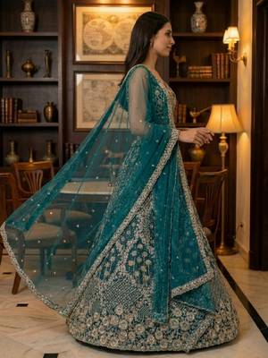 blue thread embroidered silk party lehenga set choli with dupatta 3