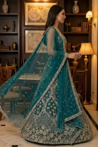 blue thread embroidered silk party lehenga set choli with dupatta