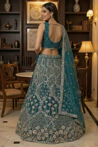 blue thread embroidered silk party lehenga set choli with dupatta