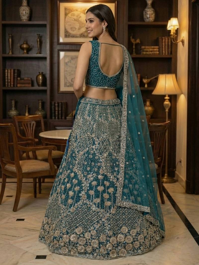 blue thread embroidered silk party lehenga set choli with dupatta