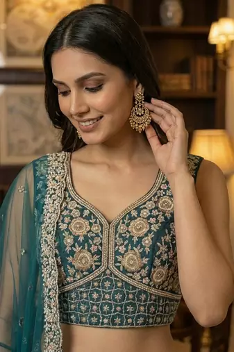 blue thread embroidered silk party lehenga set choli with dupatta