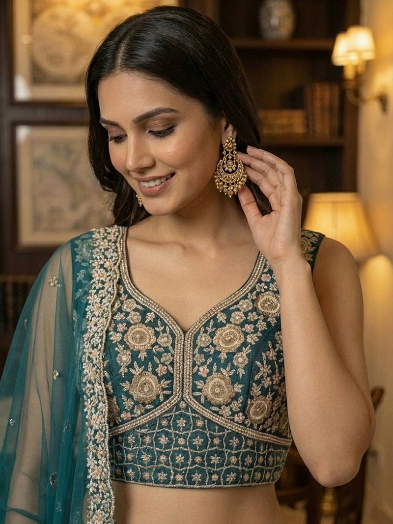 blue thread embroidered silk party lehenga set choli with dupatta