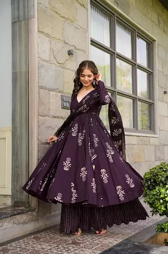Wine digital printed muslin cotton stitched anarkali set with dupatta