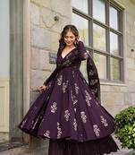 Wine digital printed muslin cotton stitched anarkali set with dupatta