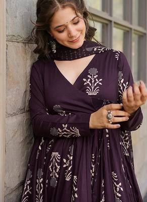 Wine digital printed muslin cotton stitched anarkali set with dupatta 2