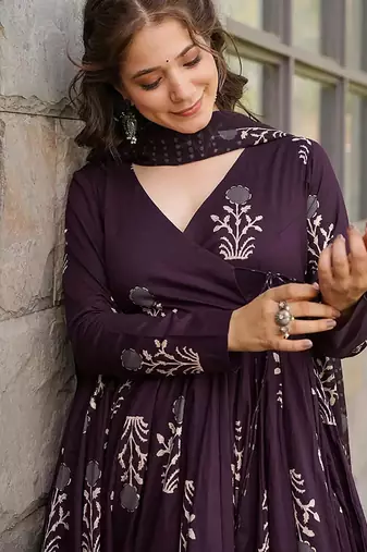 Wine digital printed muslin cotton stitched anarkali set with dupatta