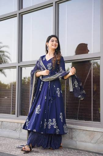 Royal blue digital printed muslin cotton stitched anarkali set with dupatta