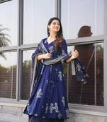 Royal blue digital printed muslin cotton stitched anarkali set with dupatta