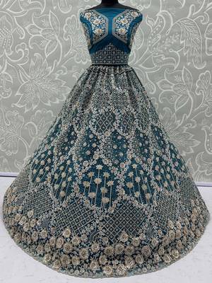 blue thread embroidered silk party lehenga set choli with dupatta 6