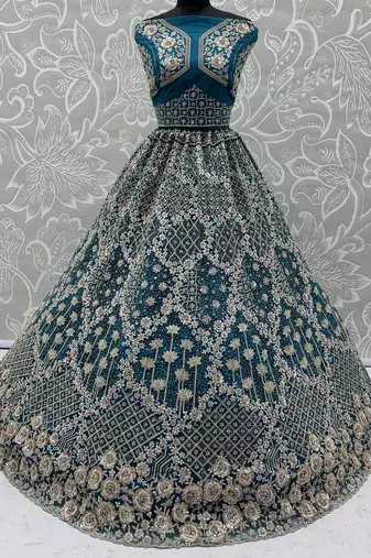 blue thread embroidered silk party lehenga set choli with dupatta