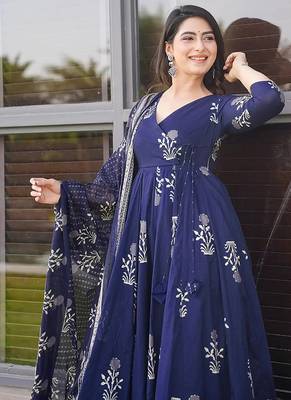 Royal blue digital printed muslin cotton stitched anarkali set with dupatta 2