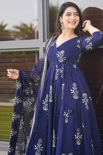 Royal blue digital printed muslin cotton stitched anarkali set with dupatta