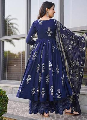 Royal blue digital printed muslin cotton stitched anarkali set with dupatta 3
