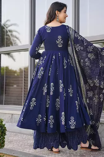 Royal blue digital printed muslin cotton stitched anarkali set with dupatta