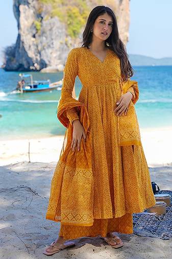 Mustard yellow digital printed muslin cotton stitched anarkali set with dupatta