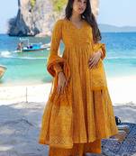 Mustard yellow digital printed muslin cotton stitched anarkali set with dupatta