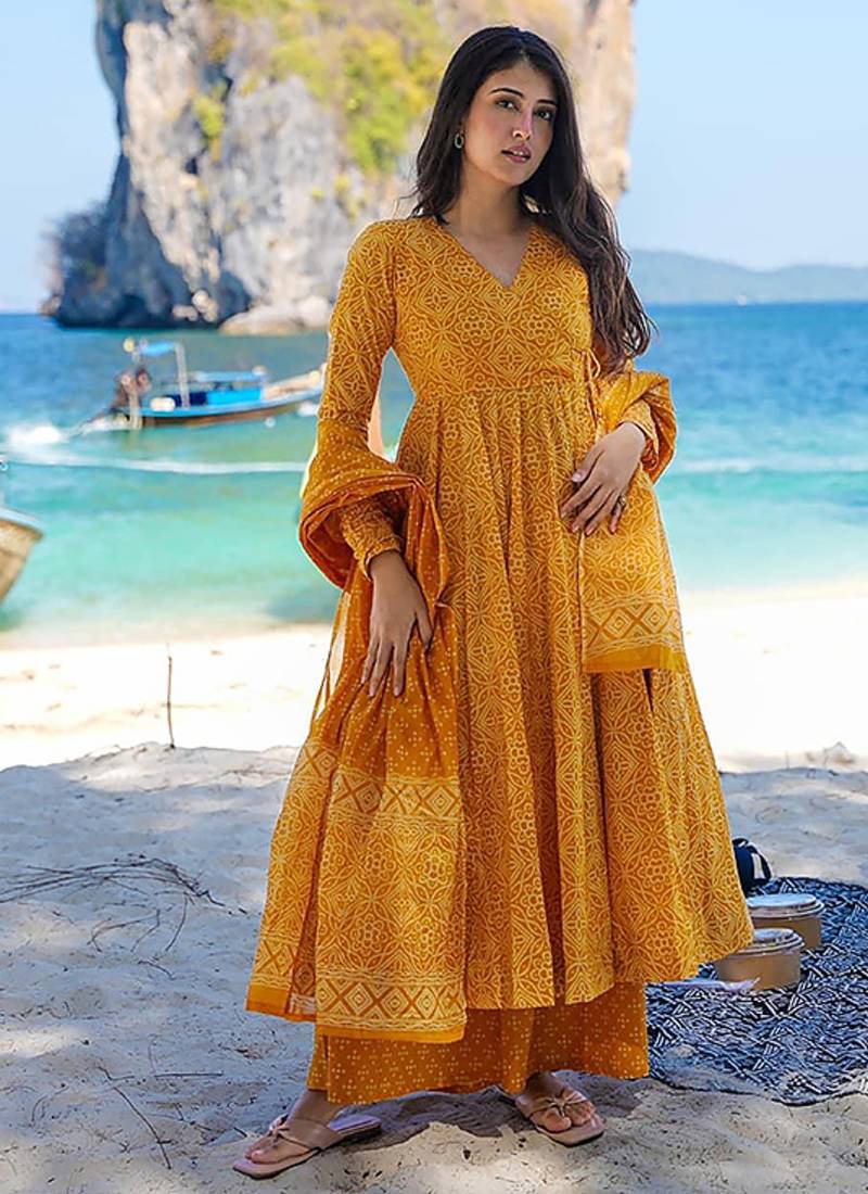 Mustard yellow digital printed muslin cotton stitched anarkali set with dupatta